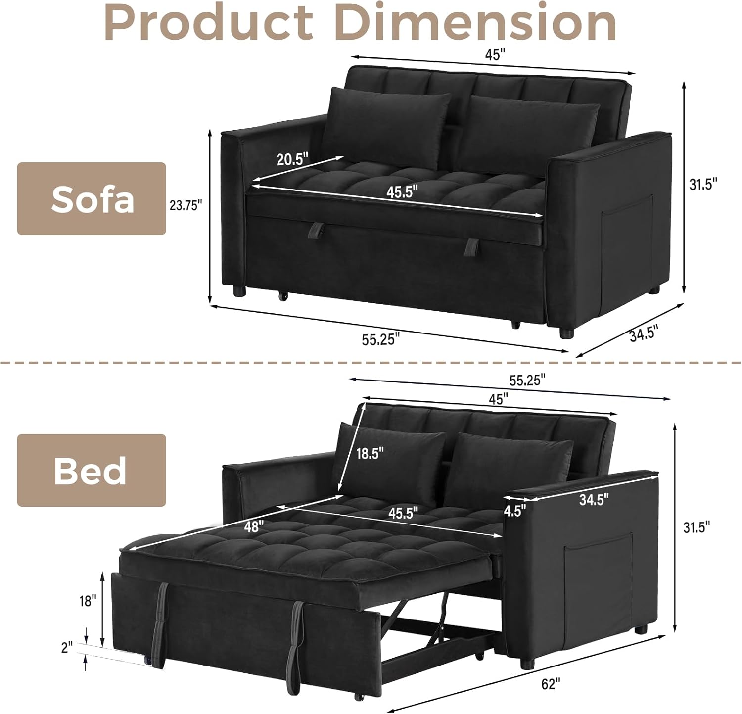 3-in-1 Convertible Sleeper Sofa Bed Velvet Loveseat for Living Room