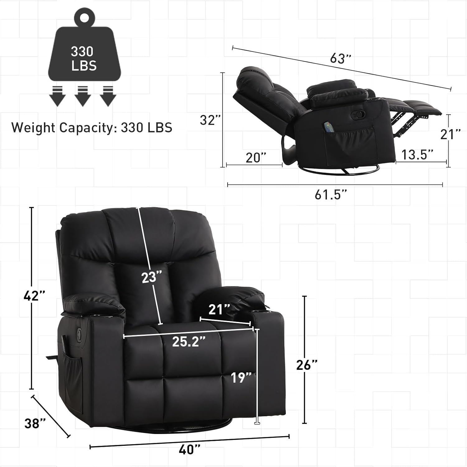 Oversized Swivel Rocker Recliner Chair with Massage and Heat for Living Room