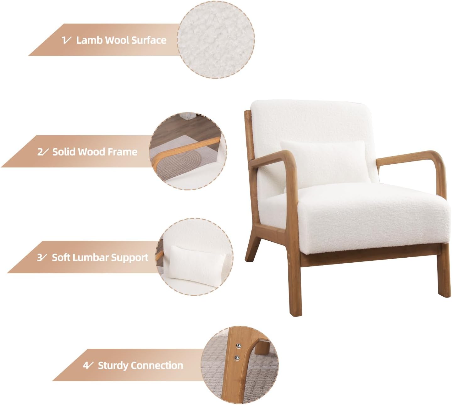 Mid-Century Lounge Chair with Lamb Wool Fabric for Living Room