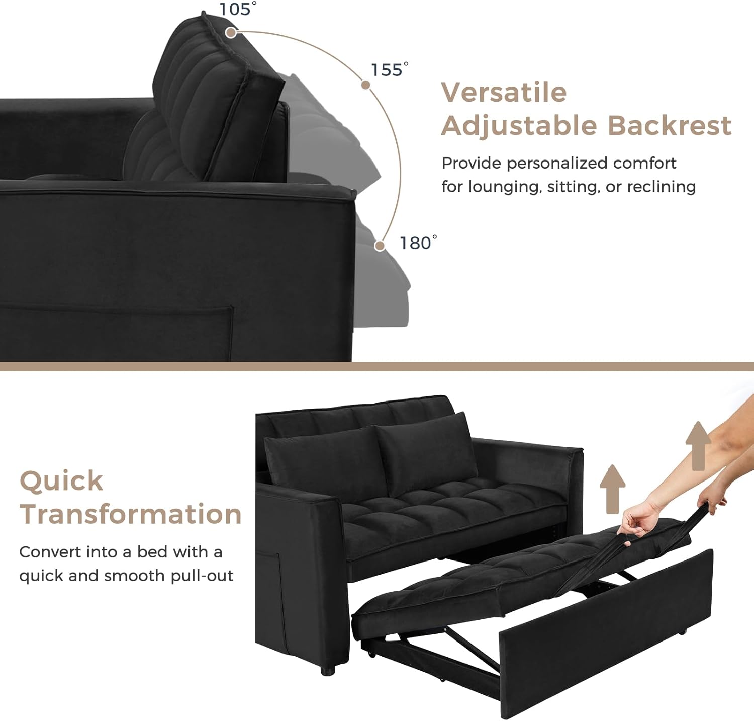3-in-1 Convertible Sleeper Sofa Bed Velvet Loveseat for Living Room