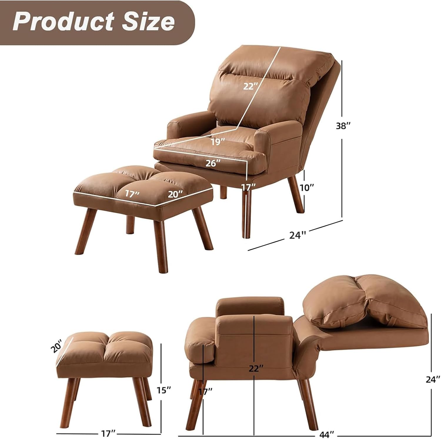 Modern Accent Chair with Ottoman and Adjustable Backrest for Living Room
