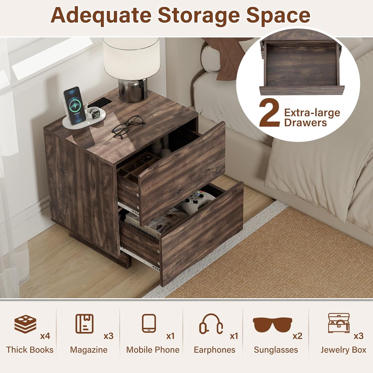 Nightstand with Charging Station and Drawers for Bedroom