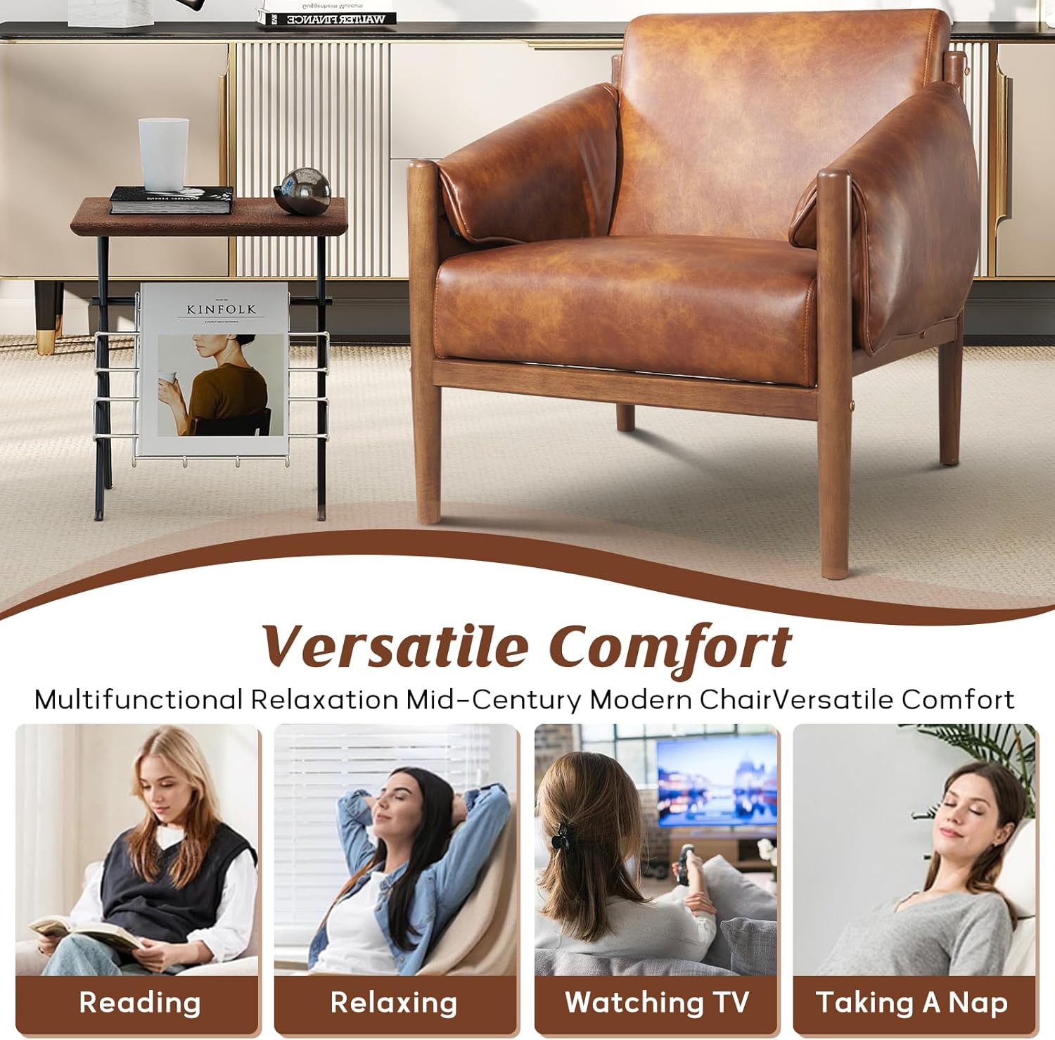 Mid-Century Leather Accent Chair with Arm Pads for Living Room