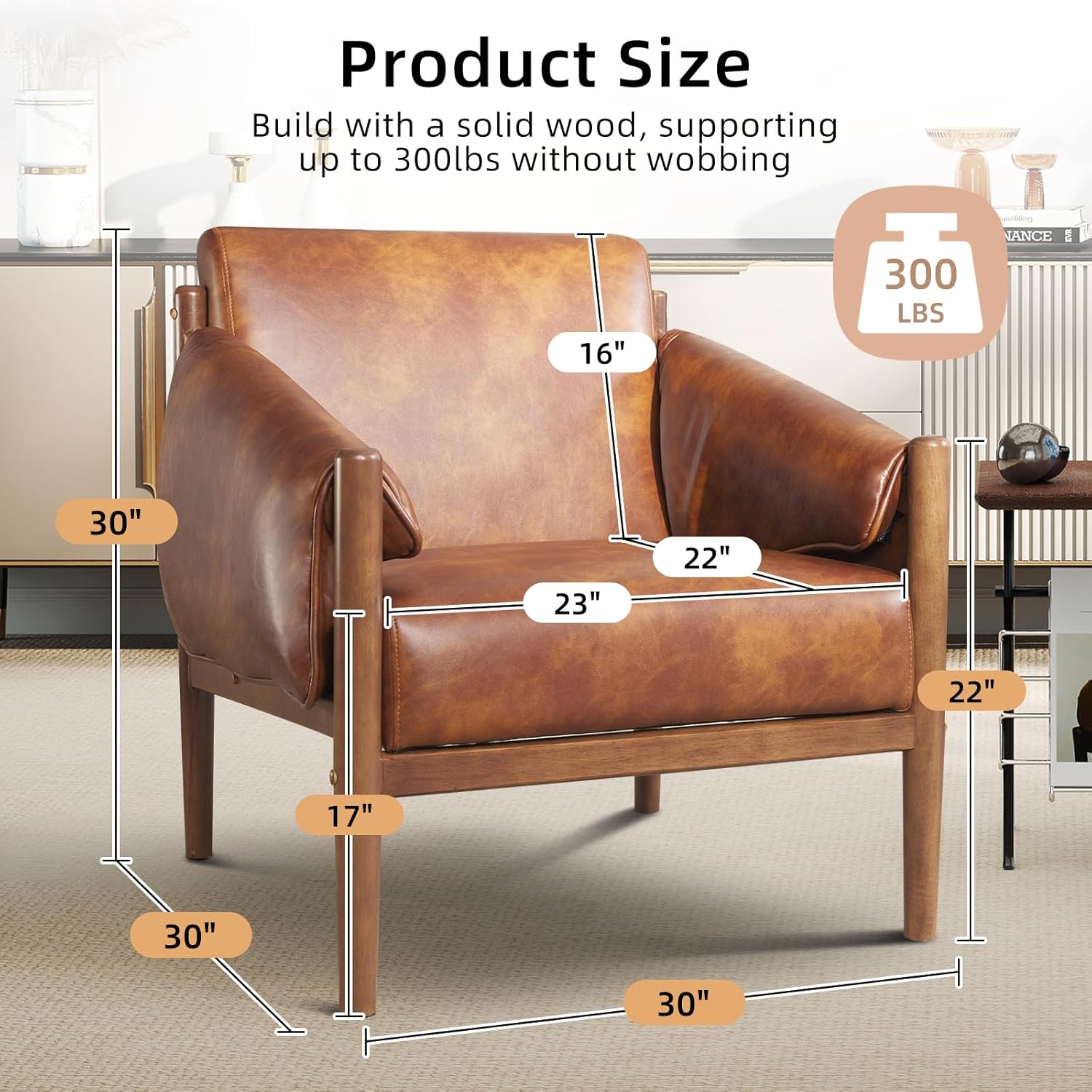 Mid-Century Leather Accent Chair with Arm Pads for Living Room