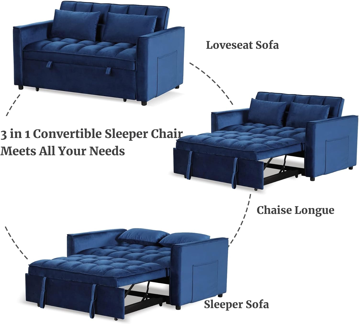 3-in-1 Convertible Sofa Bed with Adjustable Recline for Living Room
