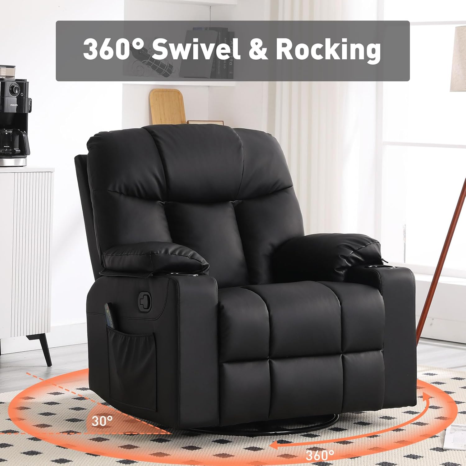 Oversized Swivel Rocker Recliner Chair with Massage and Heat for Living Room