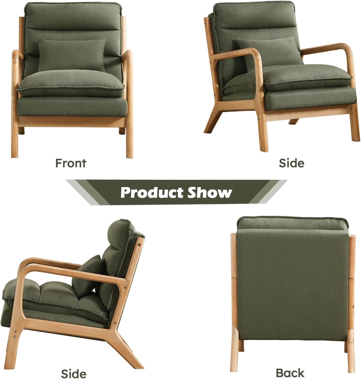 Mid-Century Linen Accent Chair with Lumbar Pillow for Living Room