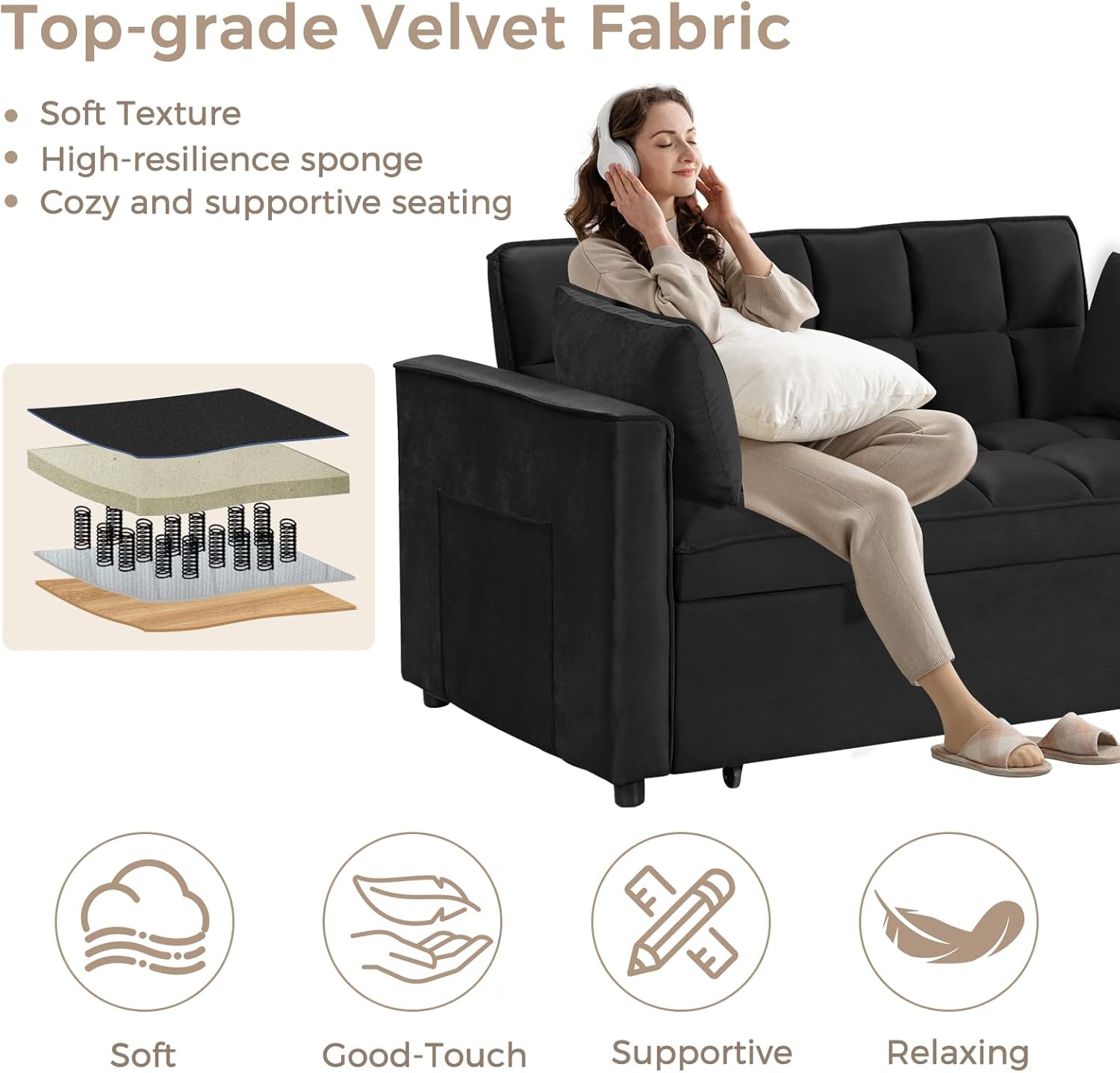 3-in-1 Convertible Sleeper Sofa Bed Velvet Loveseat for Living Room