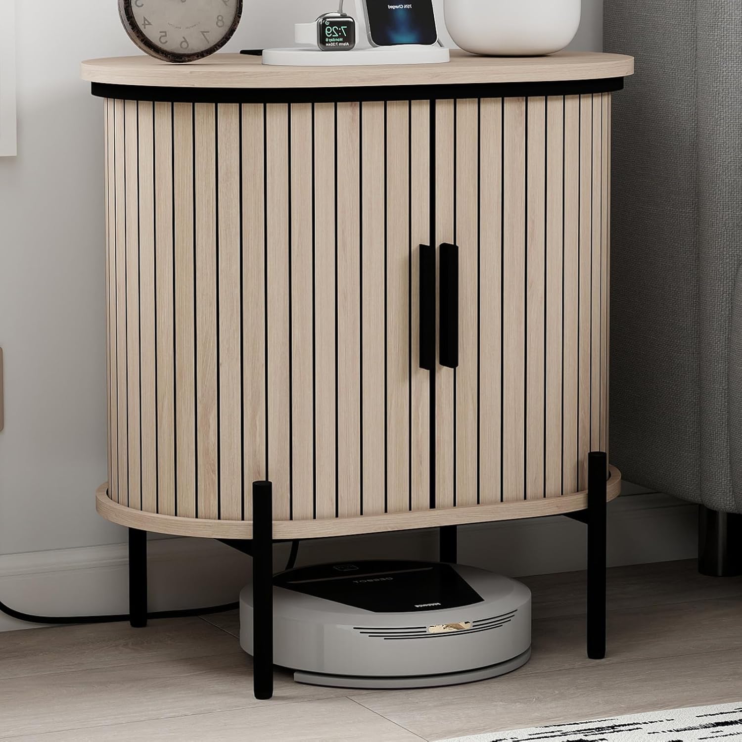 Mid-Century Side Table with Charging Station for Living Room