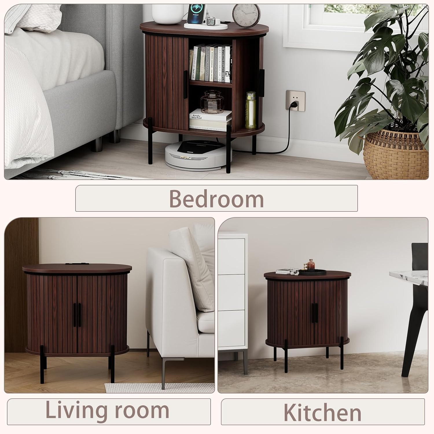 Mid-Century Side Table with Charging Station for Bedroom