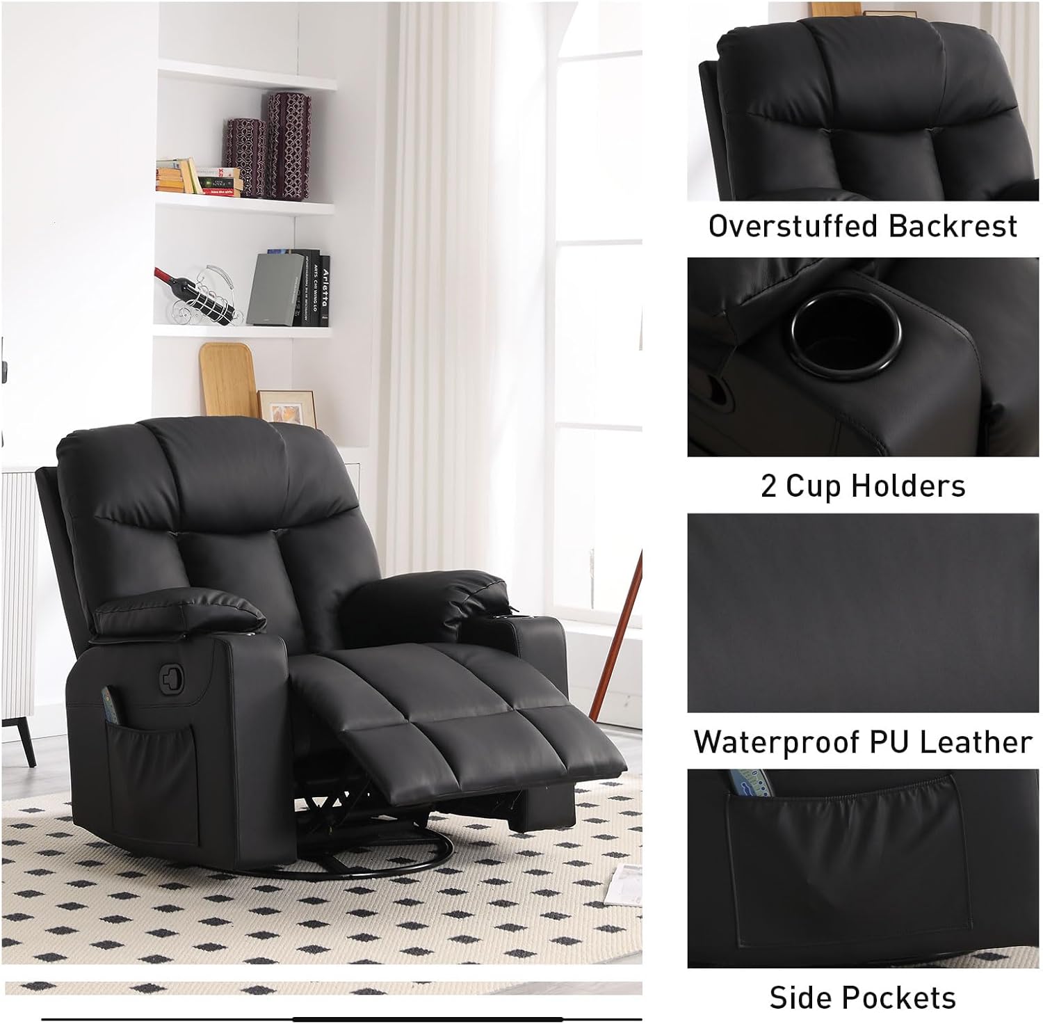 Oversized Swivel Rocker Recliner Chair with Massage and Heat for Living Room