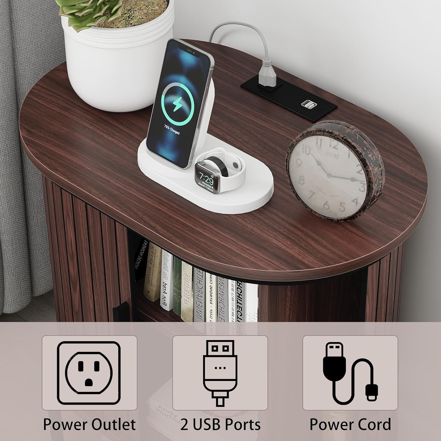 Mid-Century Side Table with Charging Station for Bedroom
