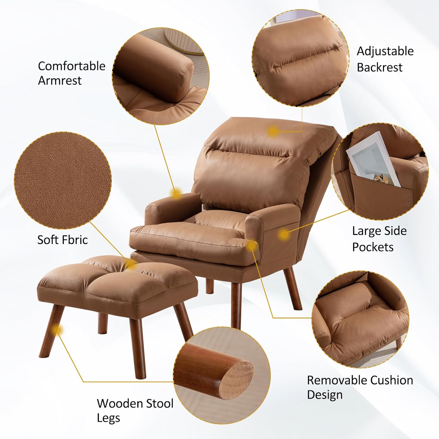 Modern Accent Chair with Ottoman and Adjustable Backrest for Living Room