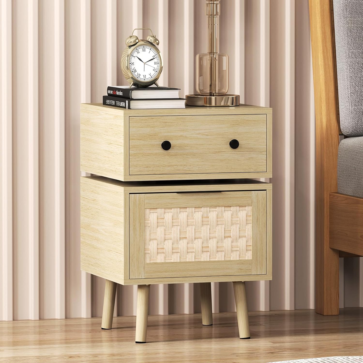 Rotating Nightstand with Storage Cabinet for Bedroom