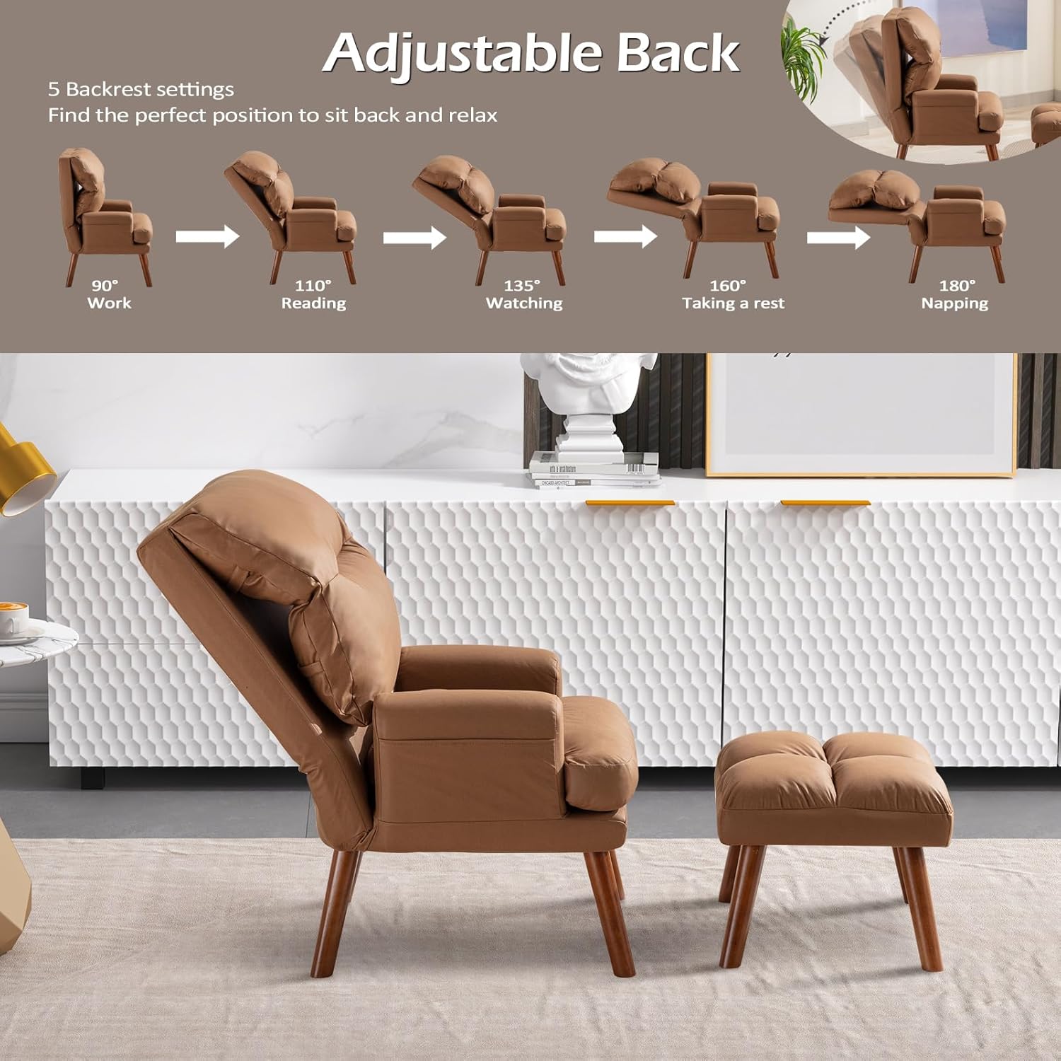 Modern Accent Chair with Ottoman and Adjustable Backrest for Living Room