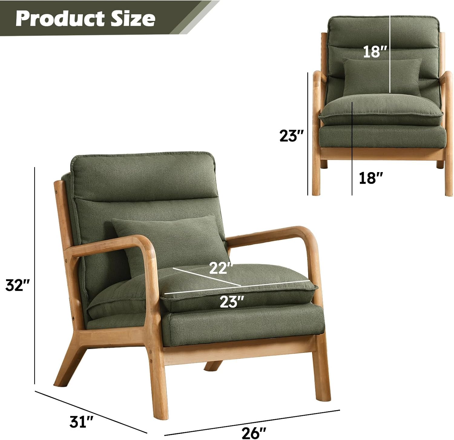 Mid-Century Linen Accent Chair with Lumbar Pillow for Living Room