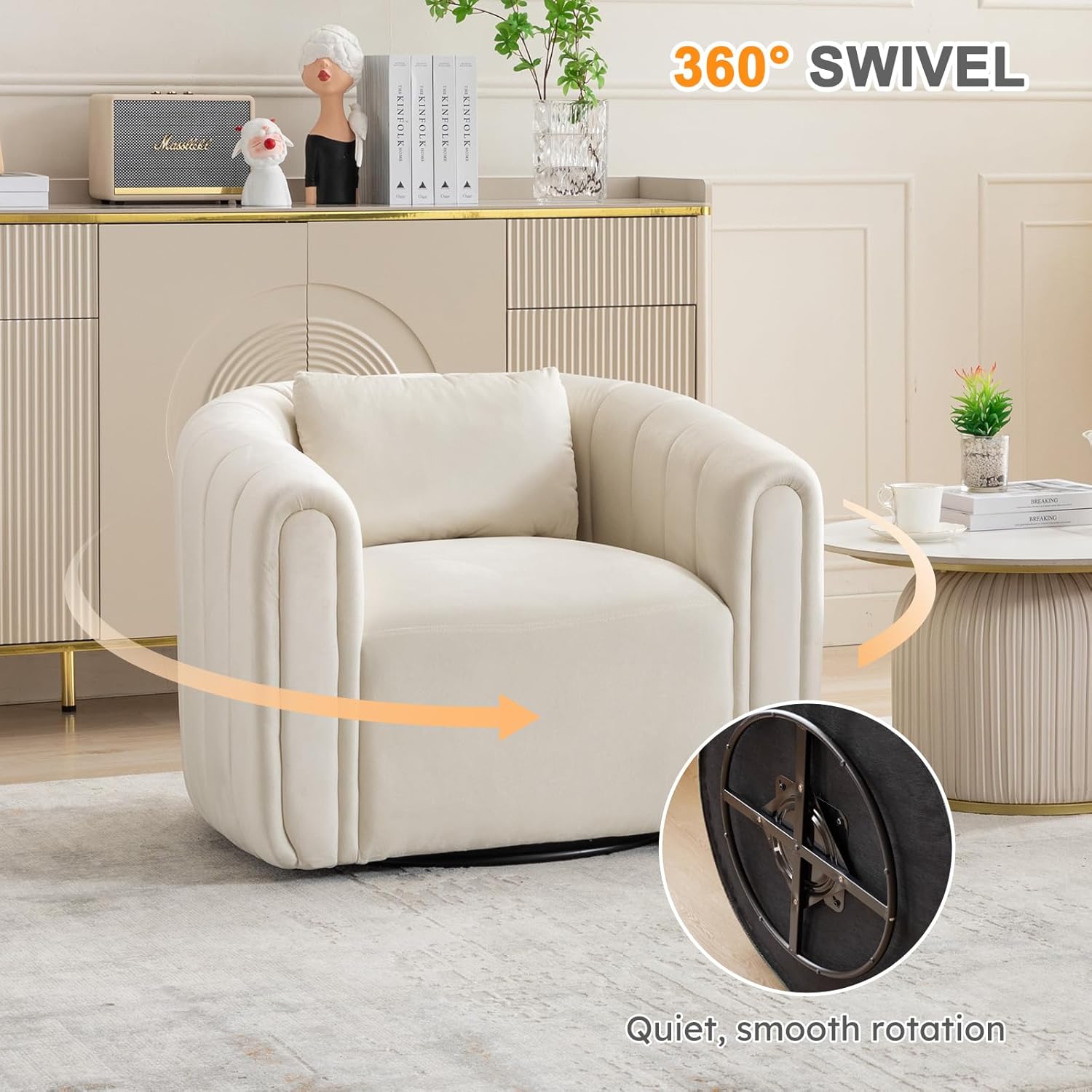 Velvet Swivel Barrel Accent Chair with Lumbar Pillow for Living Room