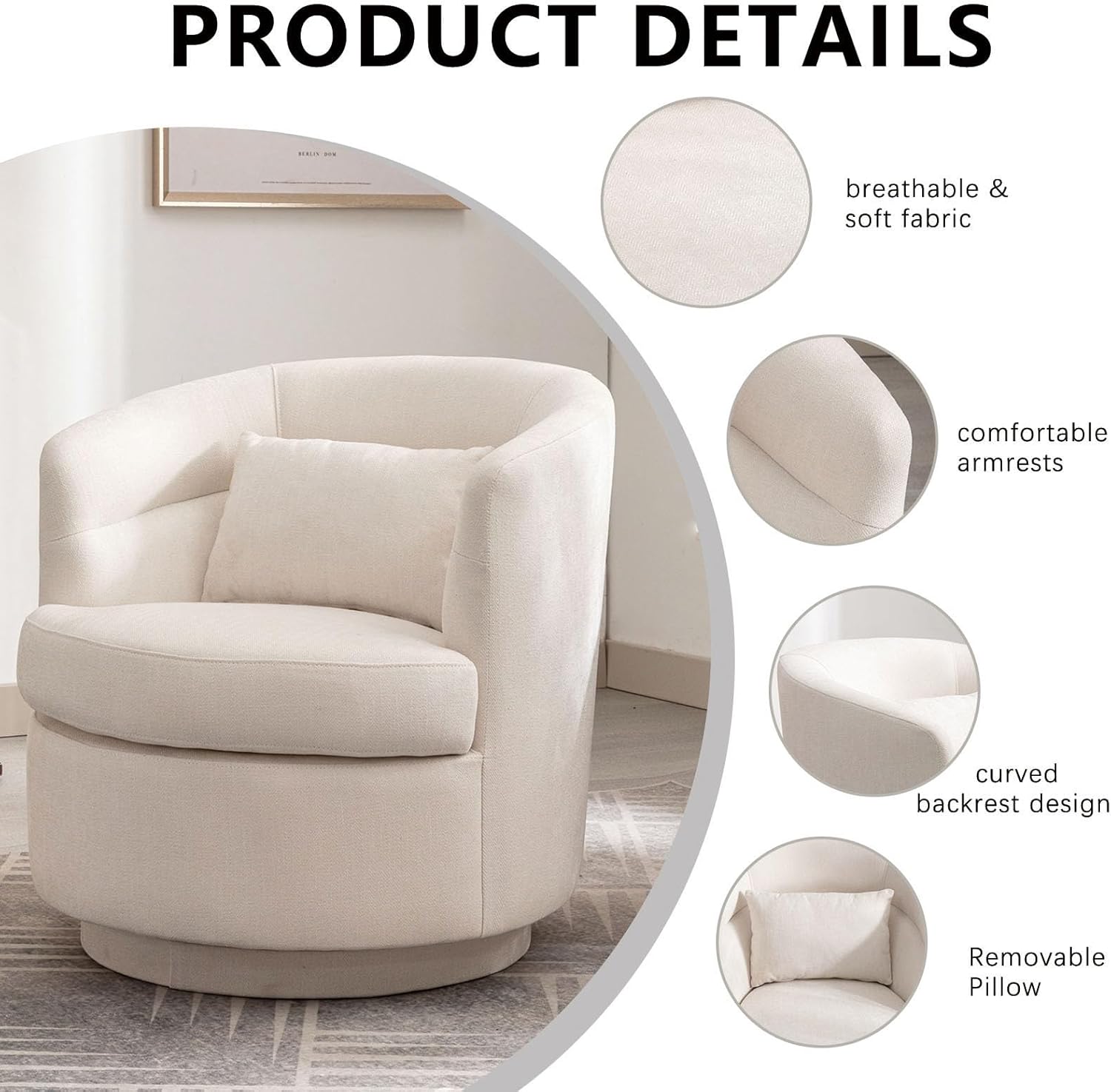 Swivel Barrel Accent Chair with Pillow for Living Room