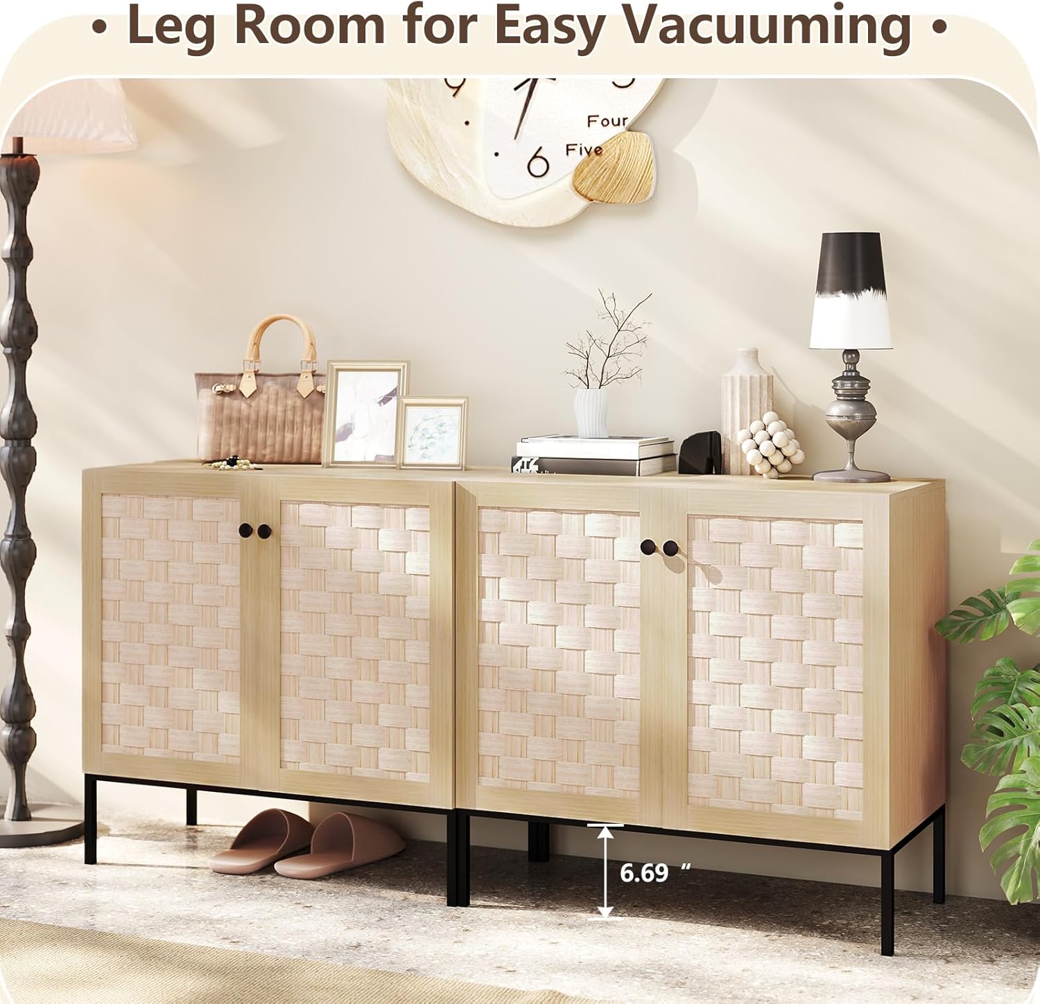 Kitchen Storage Sideboard with Rattan Doors for Living Room
