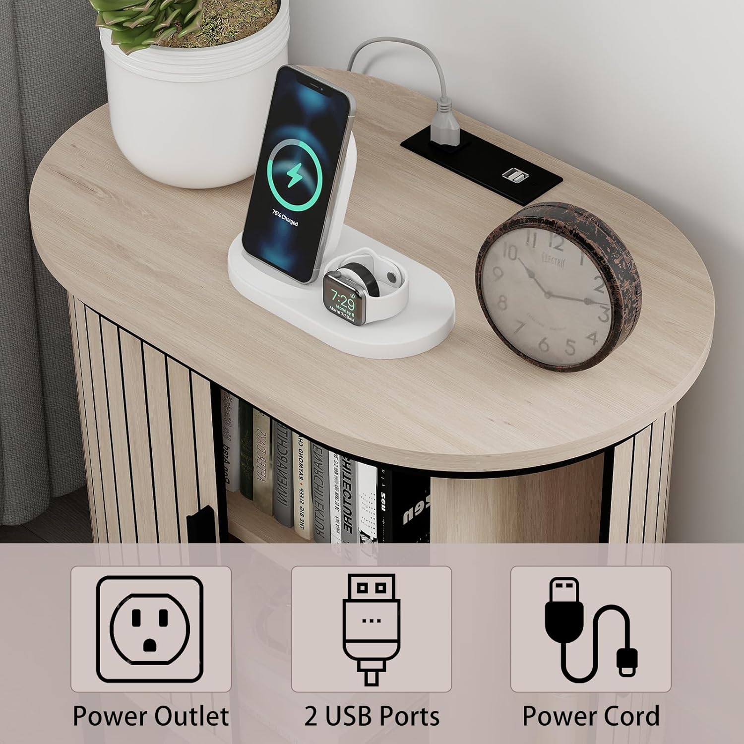 Mid-Century Side Table with Charging Station for Living Room