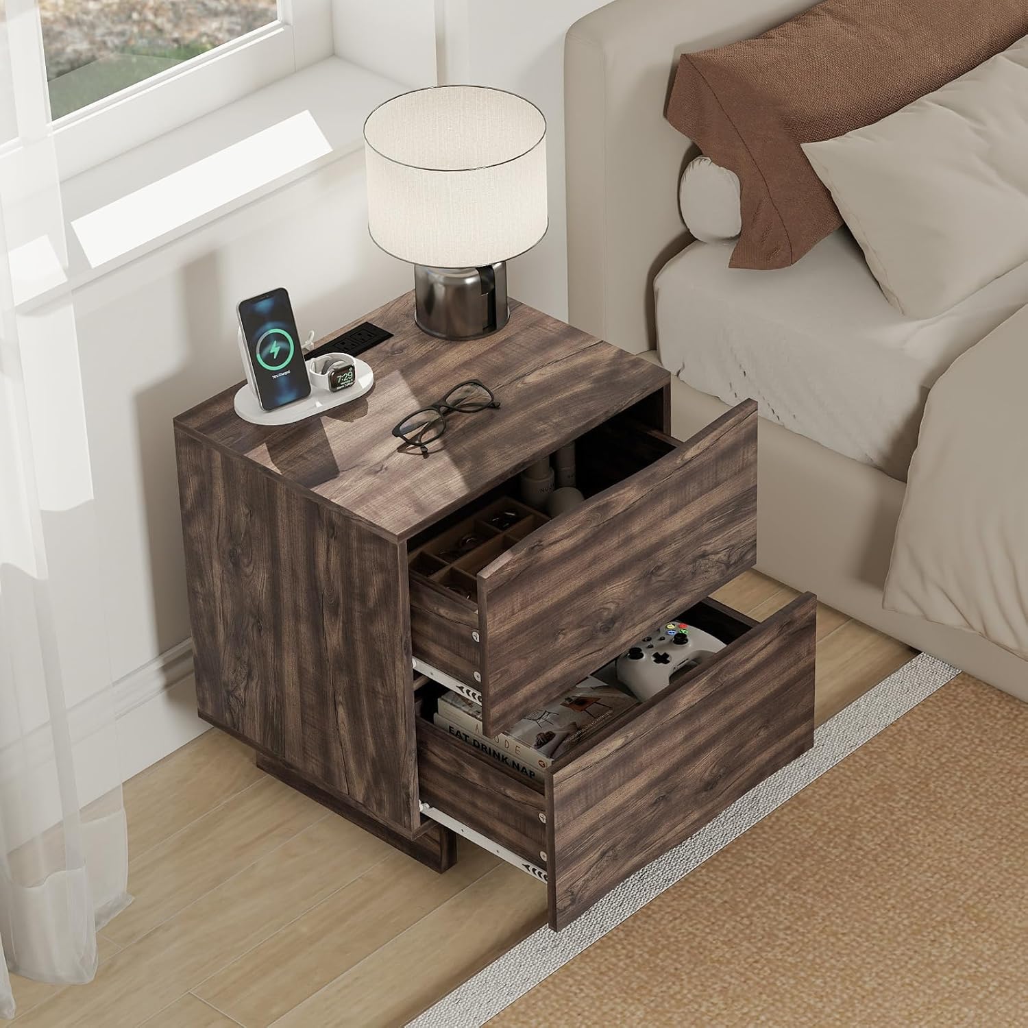 Nightstand with Charging Station and Drawers for Bedroom
