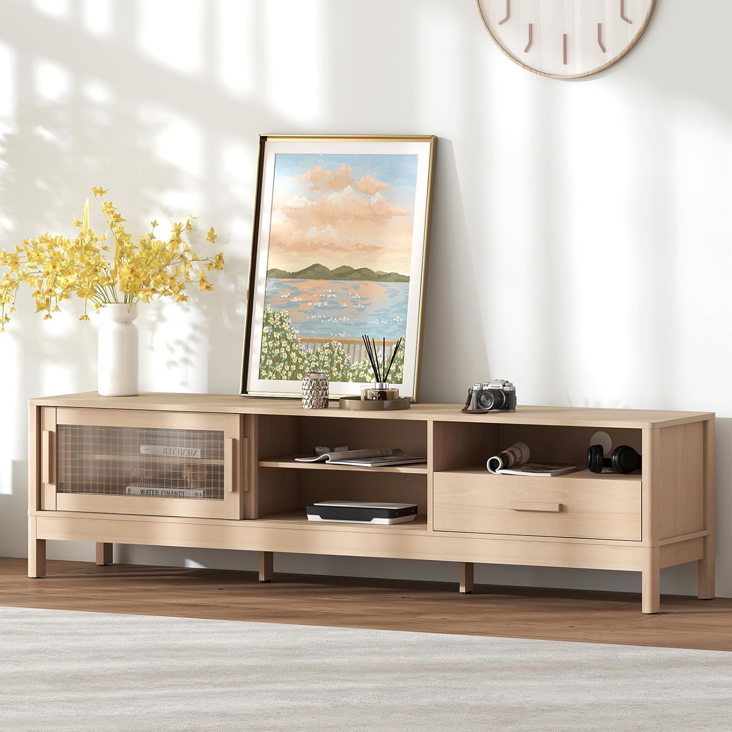 Modern TV Stand with Sliding Doors for Up to 75" TVs