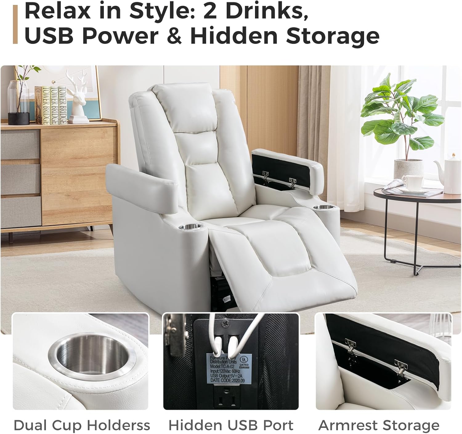 Power Recliner Chair with USB and Cup Holders for Living Room