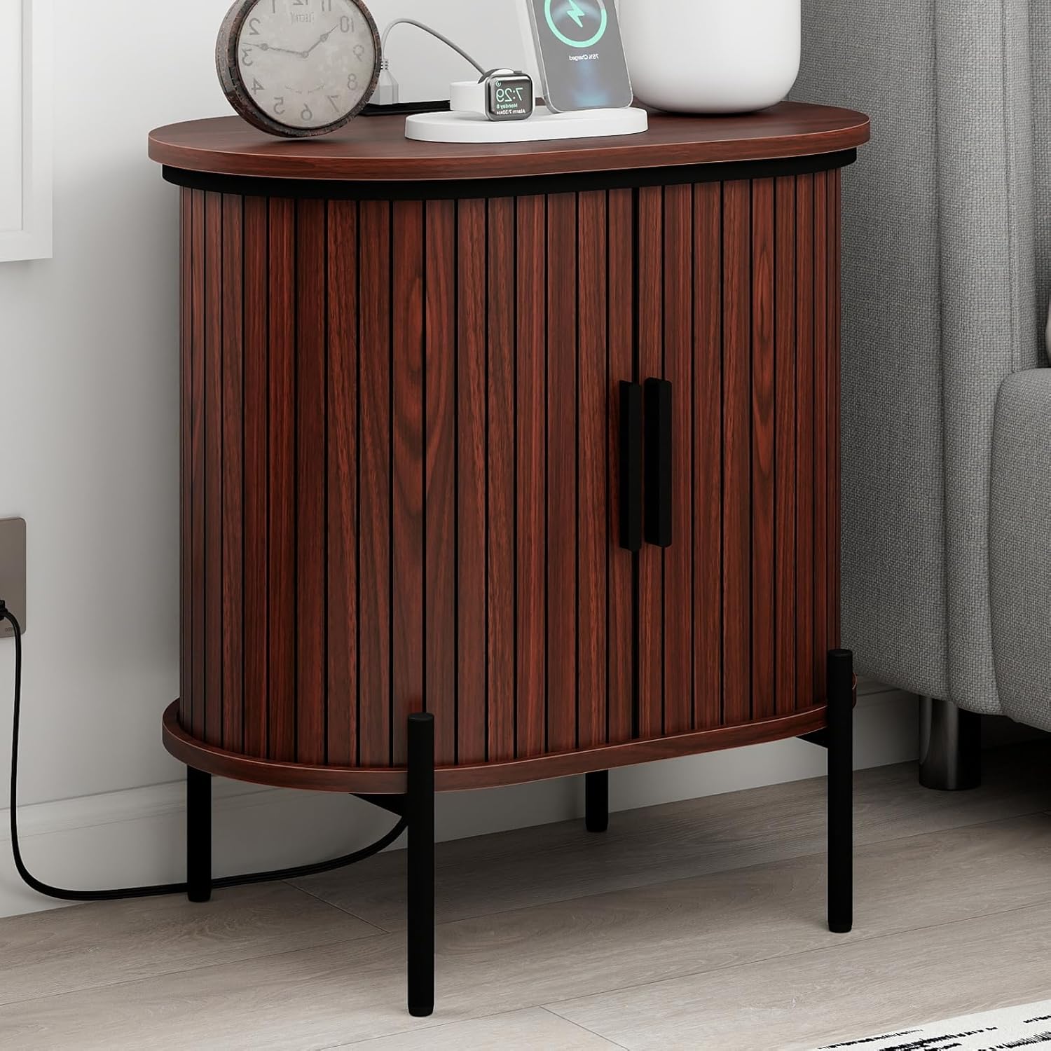 Mid-Century Side Table with Charging Station for Bedroom