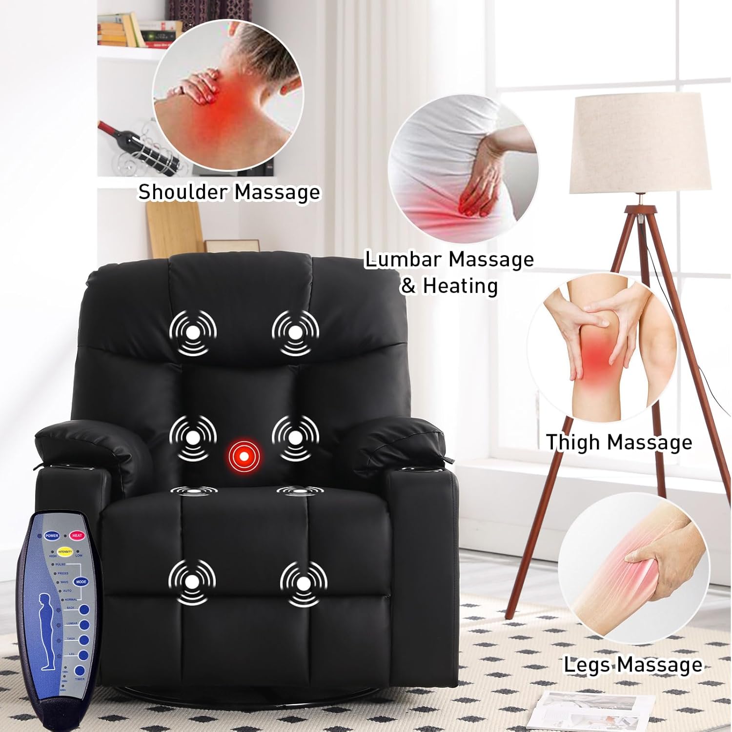 Oversized Swivel Rocker Recliner Chair with Massage and Heat for Living Room