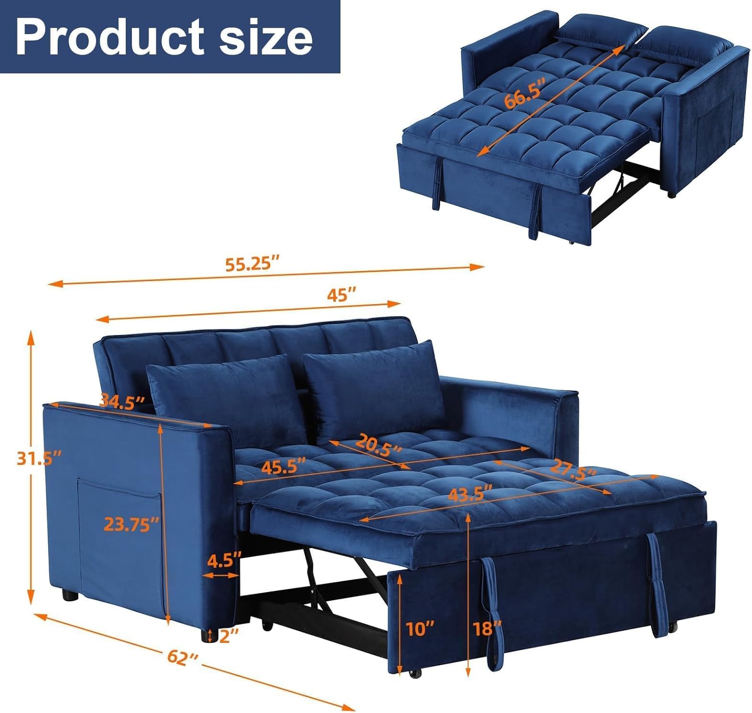 3-in-1 Convertible Sofa Bed with Adjustable Recline for Living Room