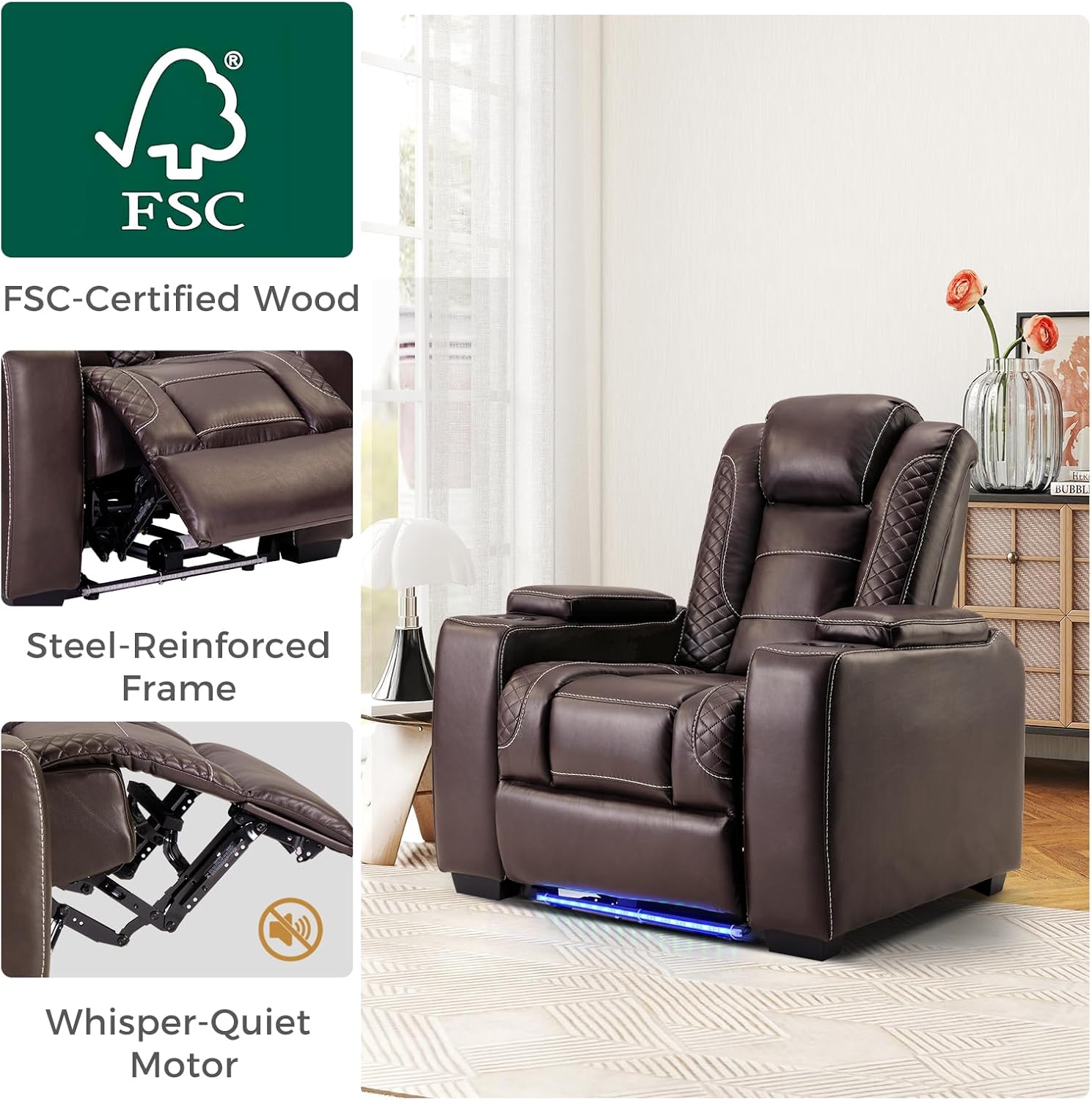 Power Recliner Home Theater Chair with LED for Living Room