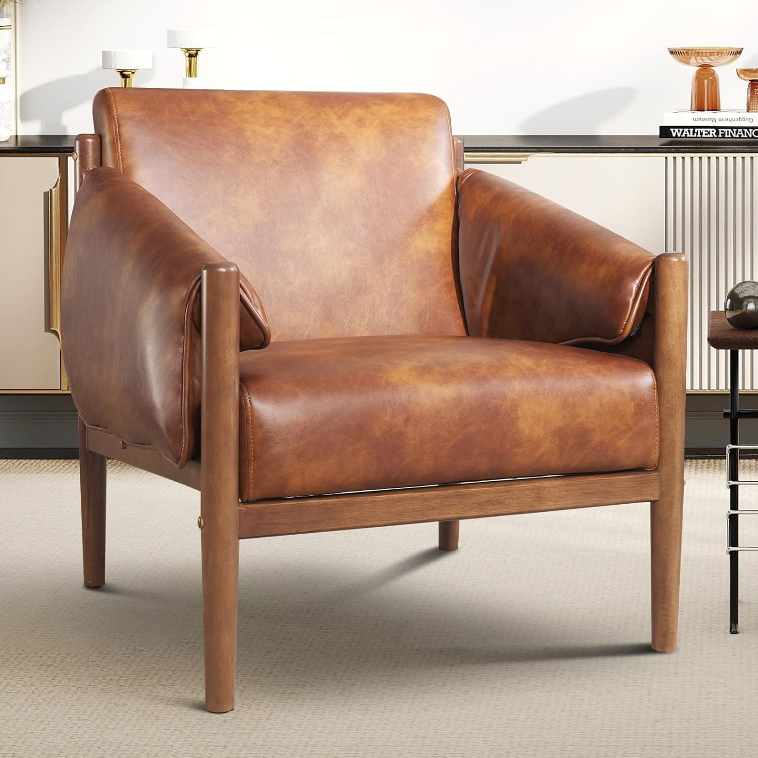 Mid-Century Leather Accent Chair with Arm Pads for Living Room