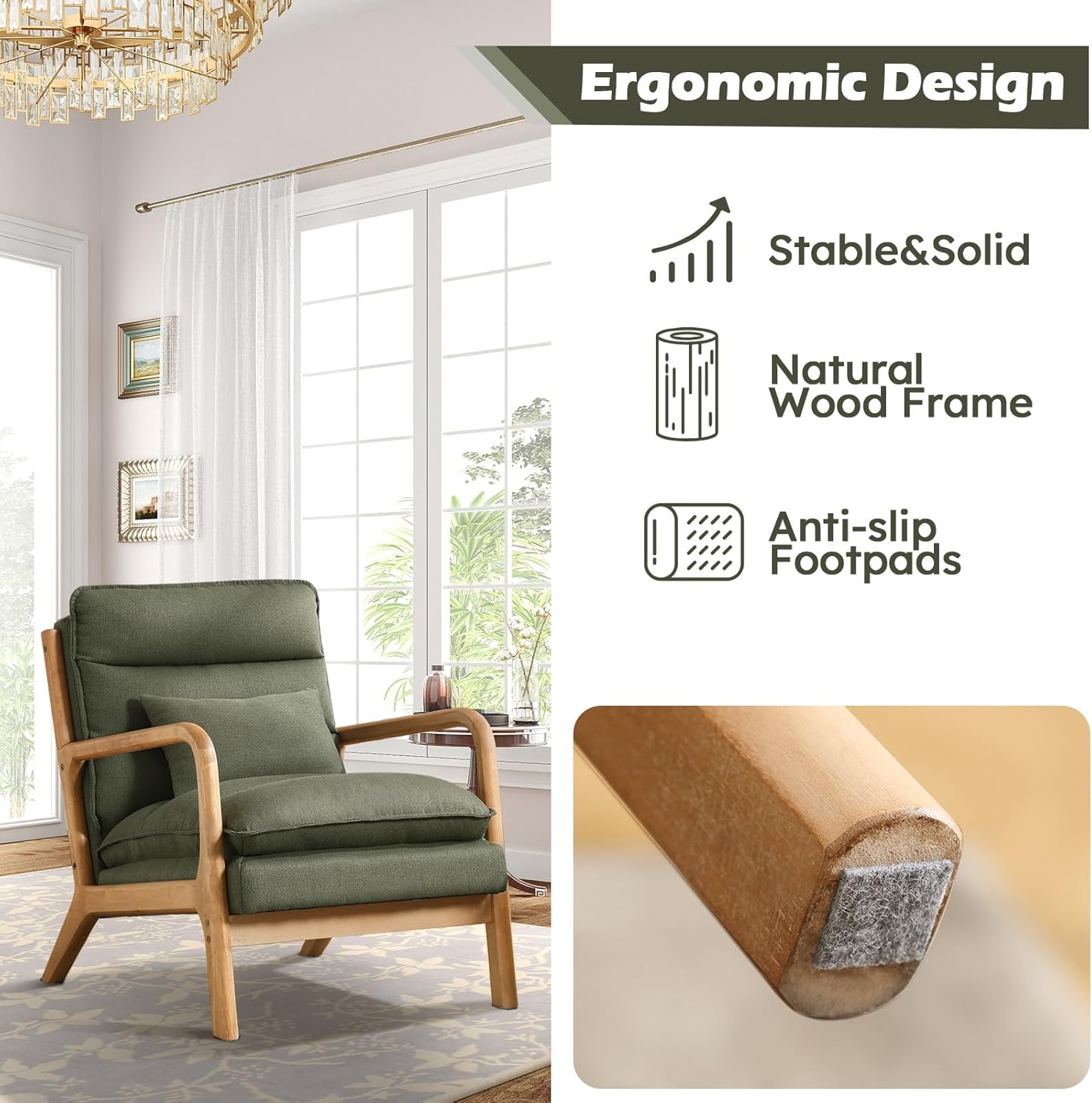 Mid-Century Linen Accent Chair with Lumbar Pillow for Living Room