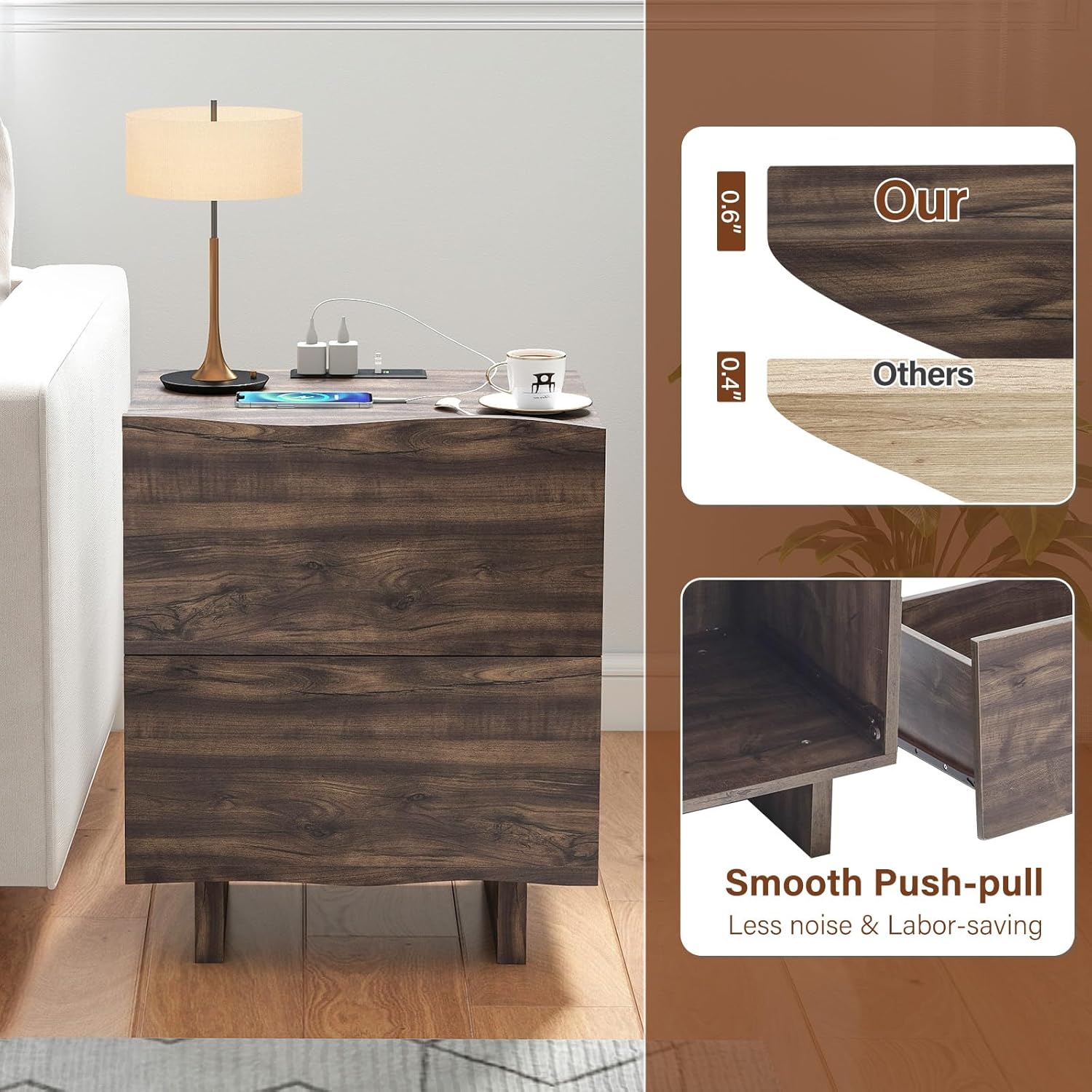 Nightstand with Charging Station and Drawers for Bedroom