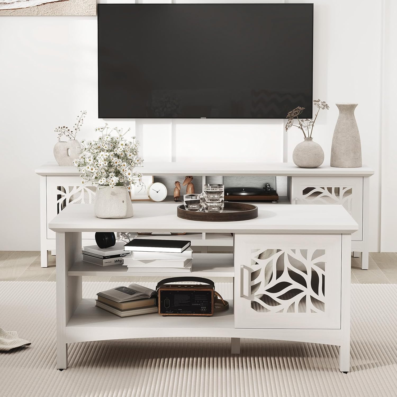 Wooden Coffee Table with Mirror Doors for Living Room