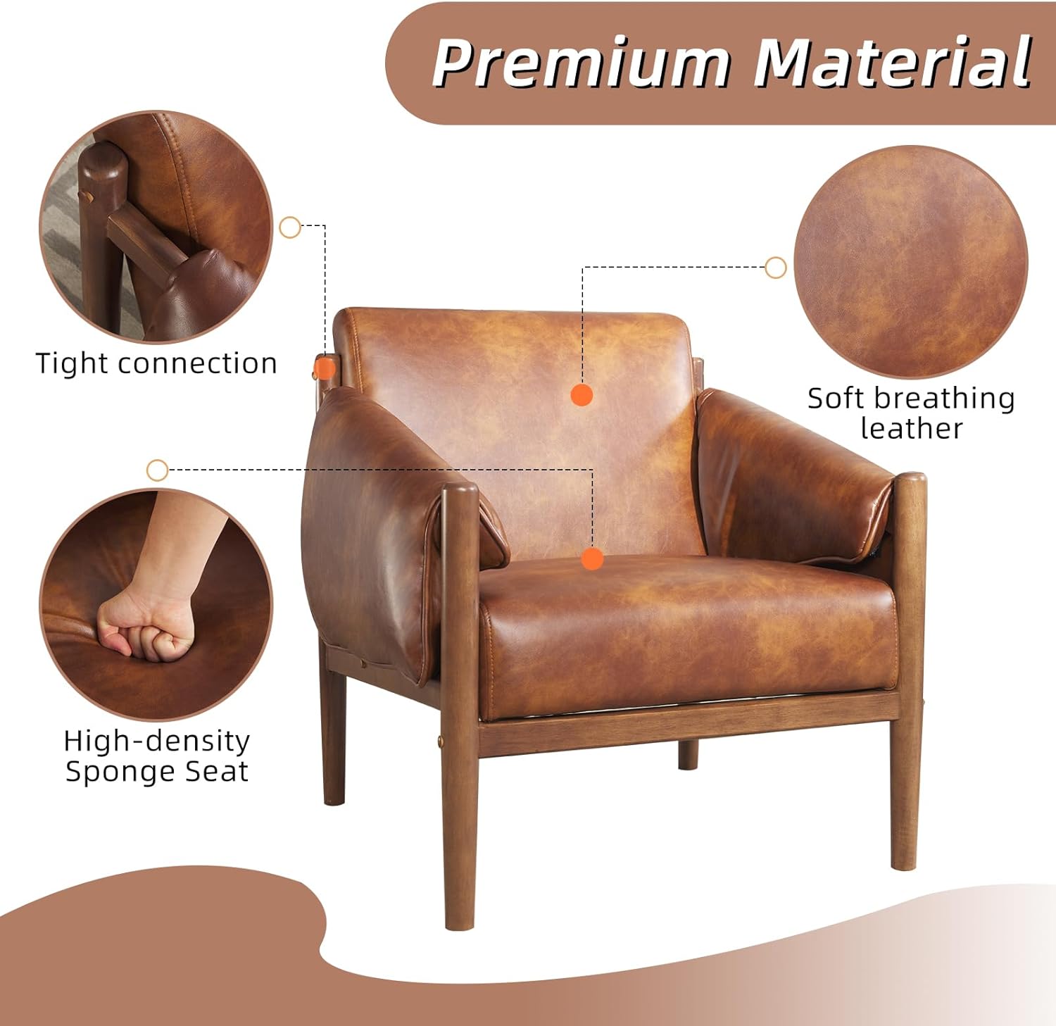 Mid-Century Leather Accent Chair with Arm Pads for Living Room