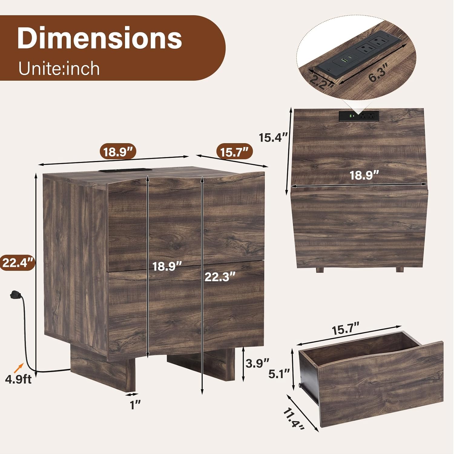 Nightstand with Charging Station and Drawers for Bedroom