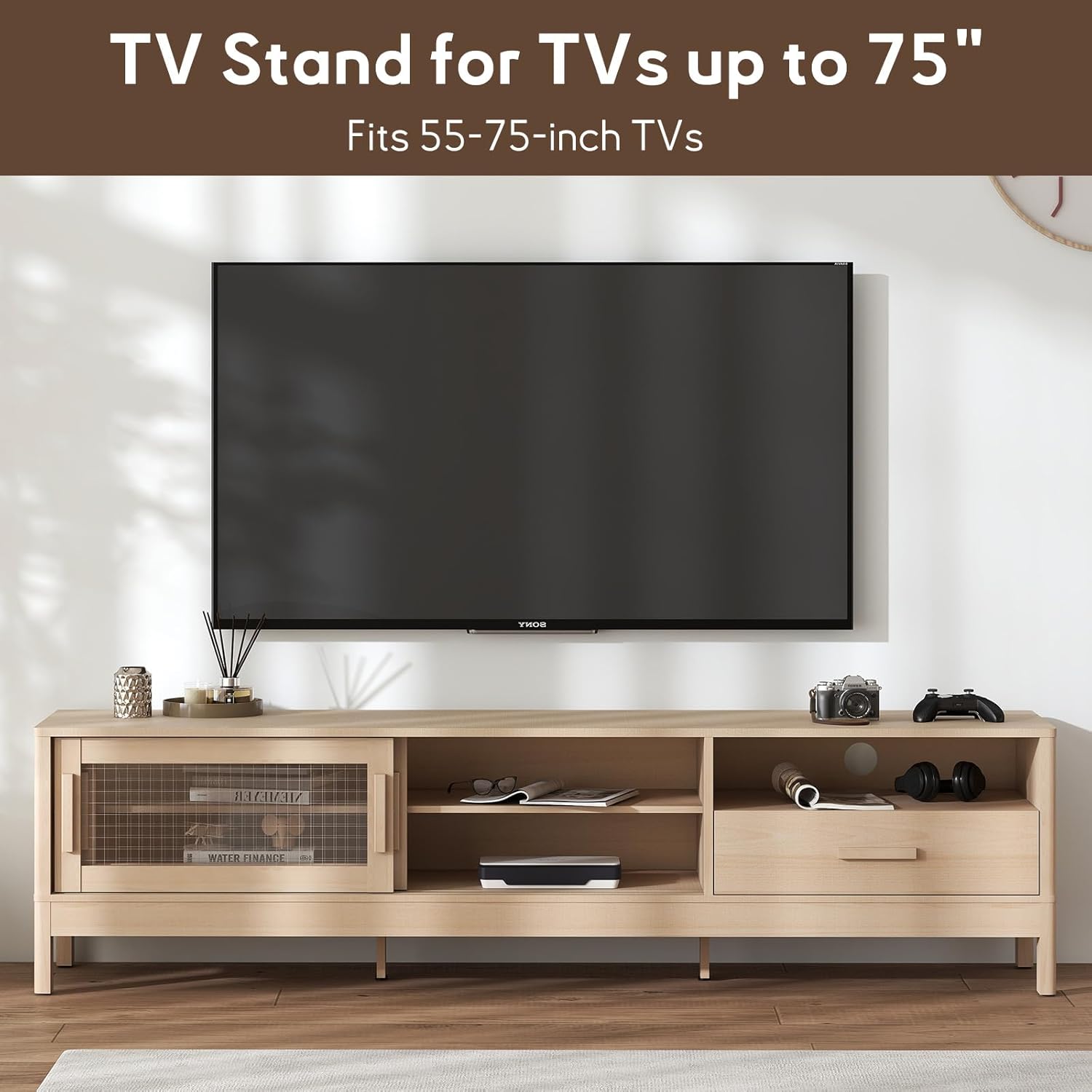 Modern TV Stand with Sliding Doors for Up to 75" TVs