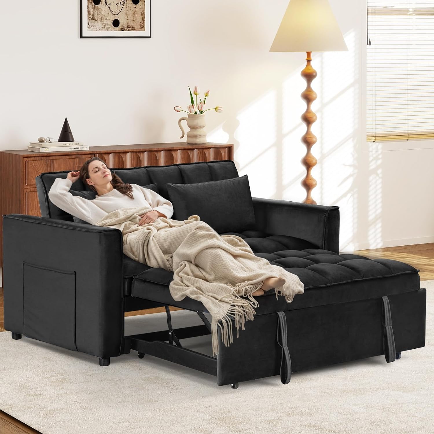 3-in-1 Convertible Sleeper Sofa Bed Velvet Loveseat for Living Room