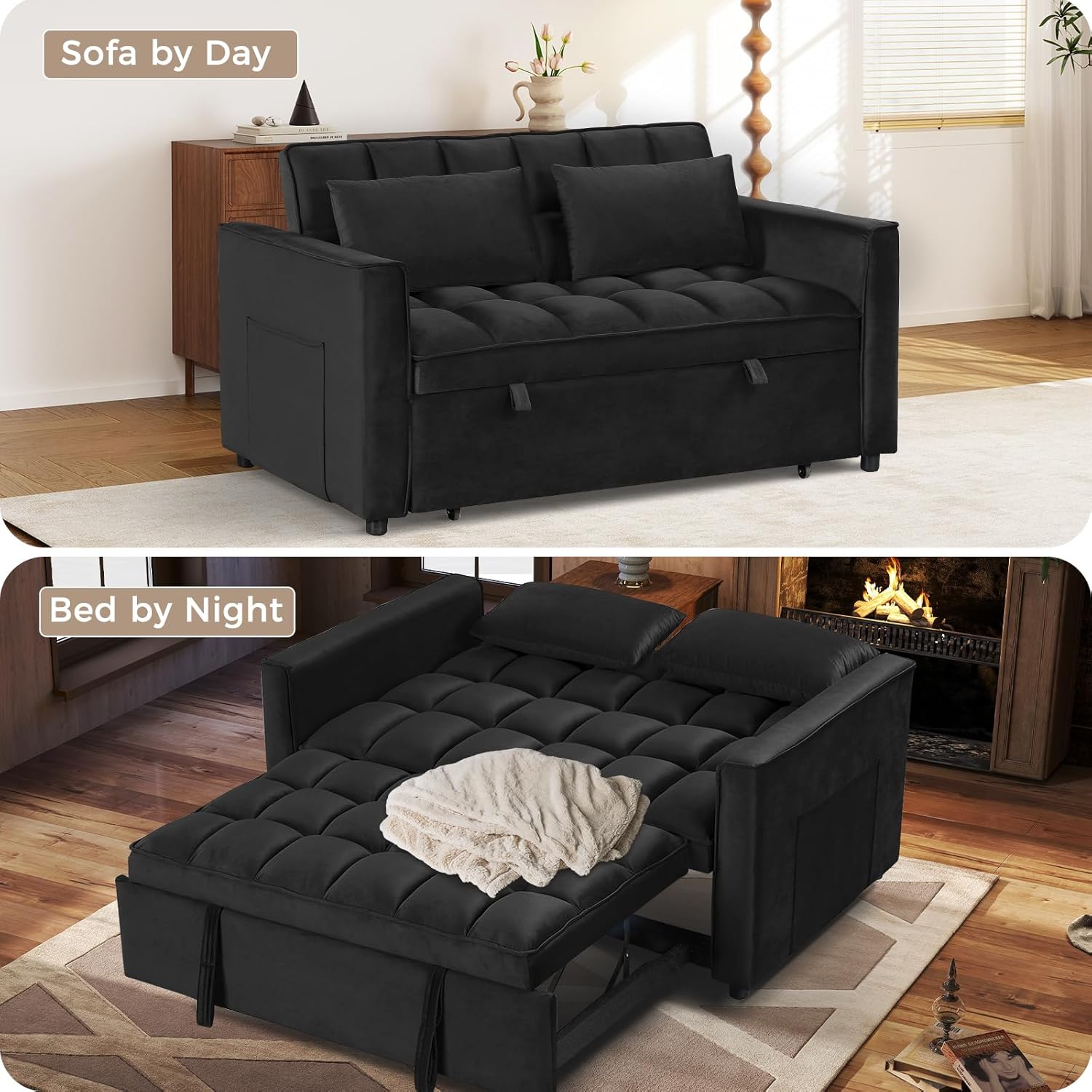 3-in-1 Convertible Sleeper Sofa Bed Velvet Loveseat for Living Room
