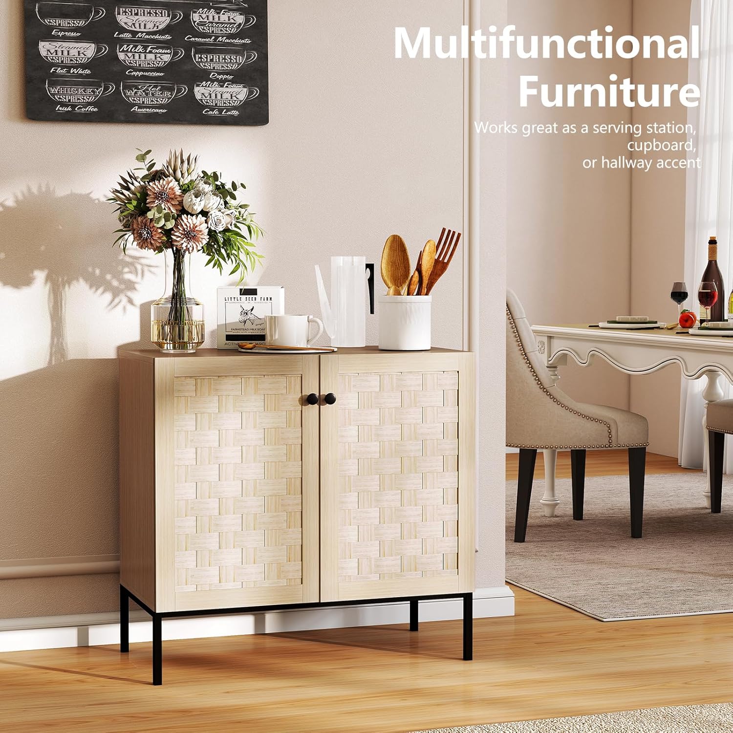 Kitchen Storage Sideboard with Rattan Doors for Living Room