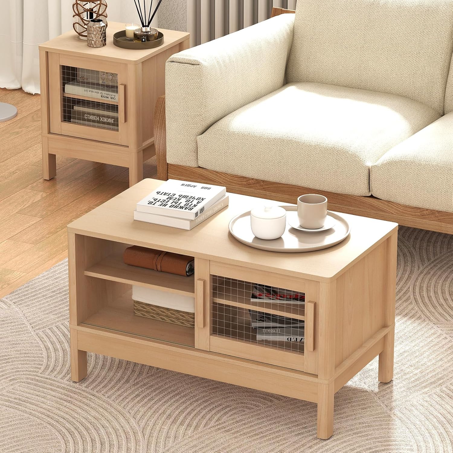 Modern Coffee Table with Sliding Doors for Living Room