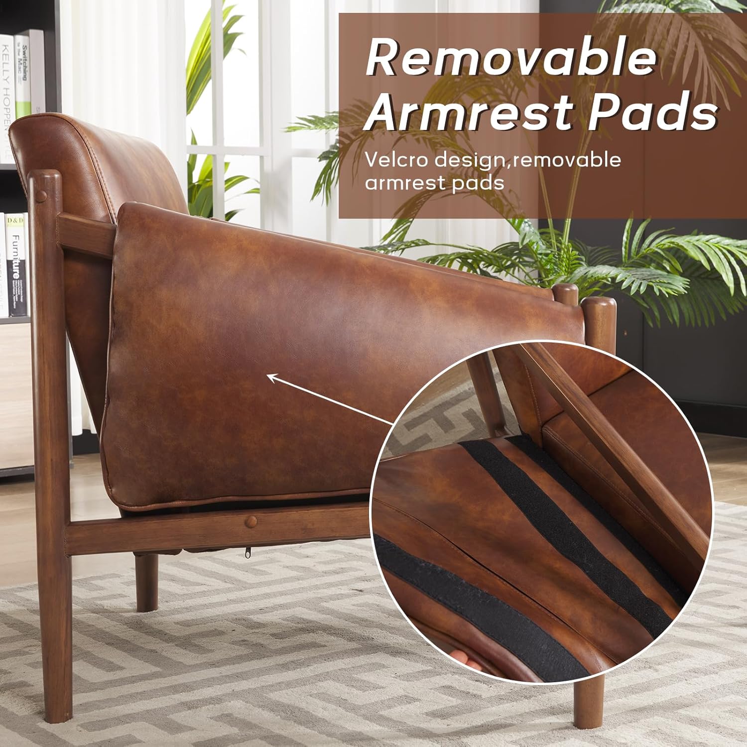 Mid-Century Leather Accent Chair with Arm Pads for Living Room