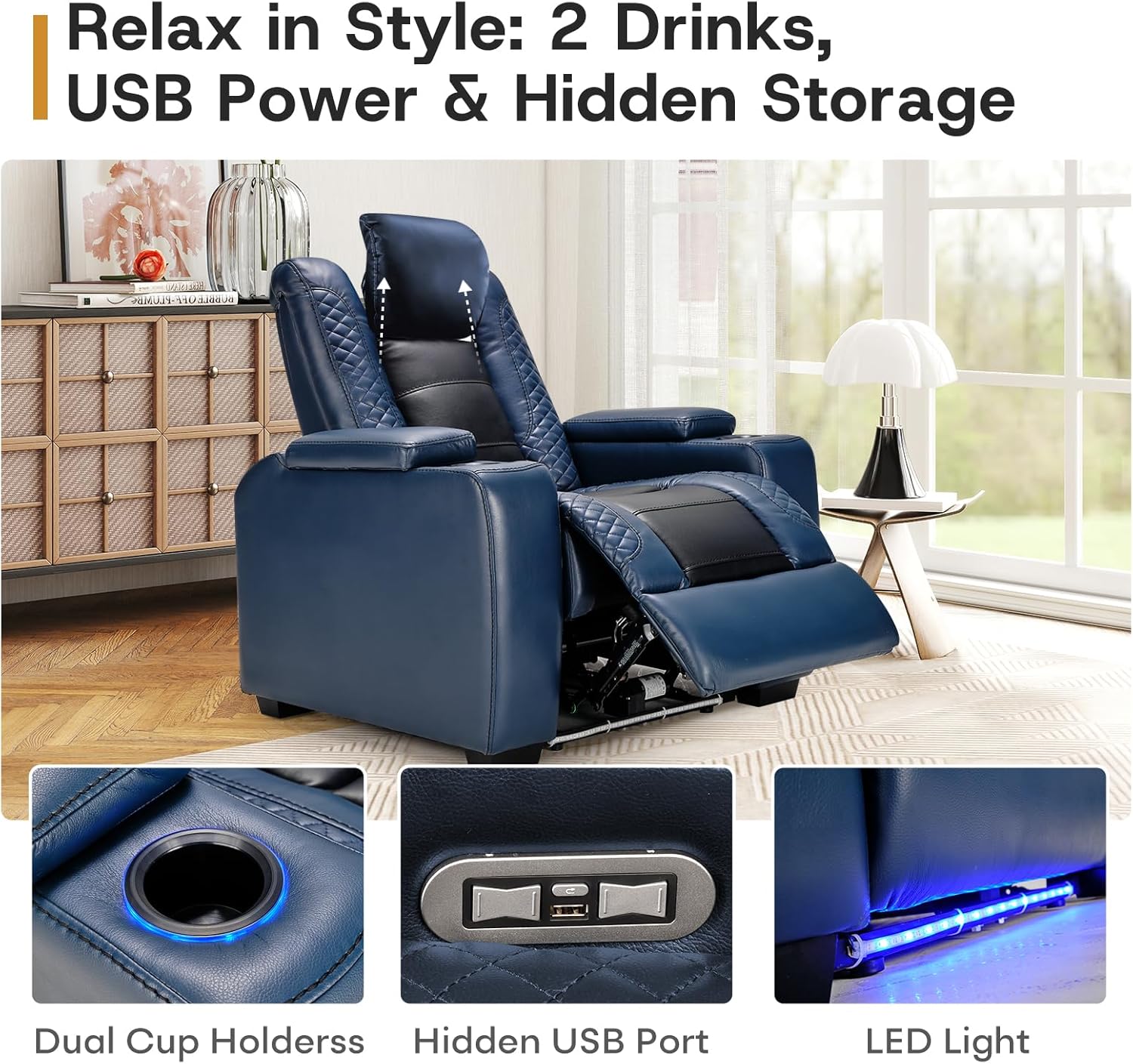 Power Recliner Home Theater Chair with LED for Living Room