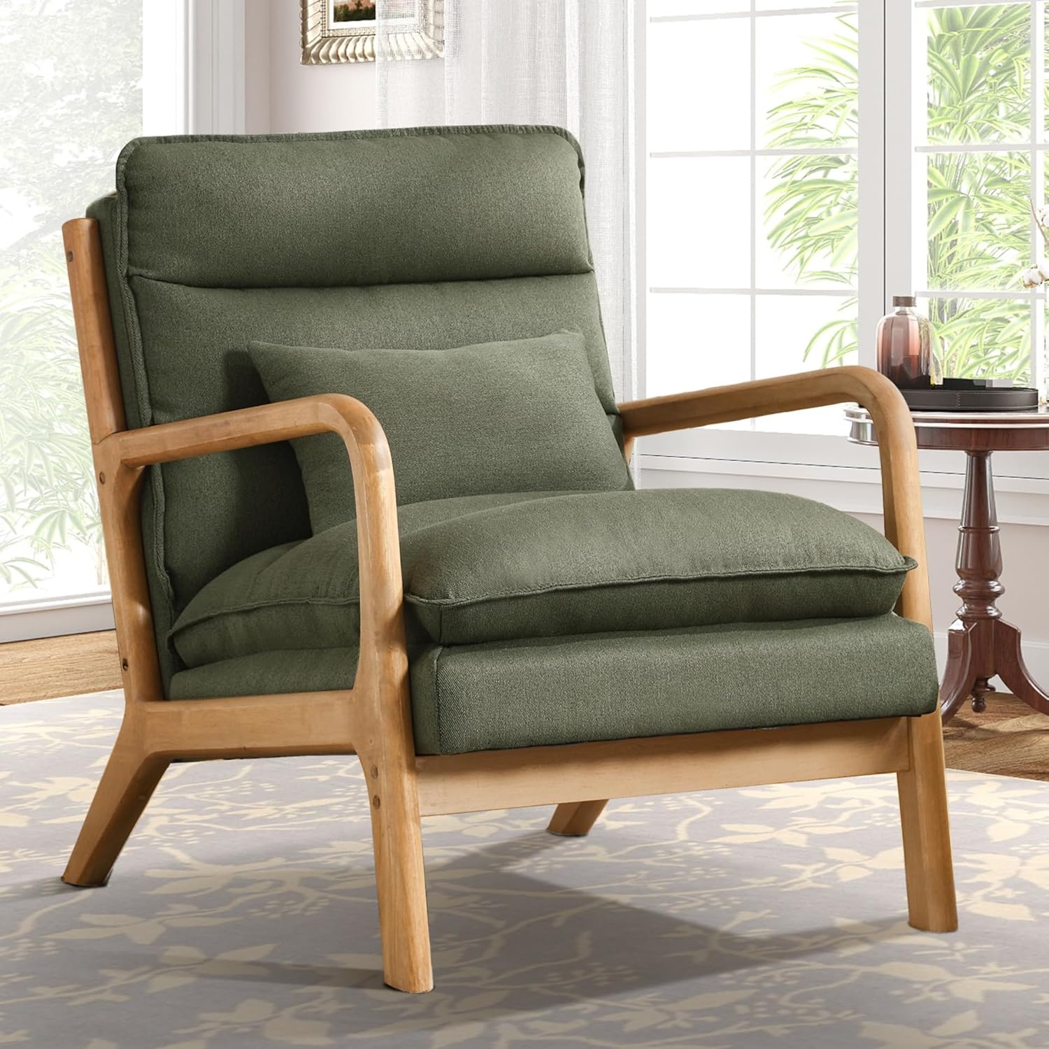 Mid-Century Linen Accent Chair with Lumbar Pillow for Living Room