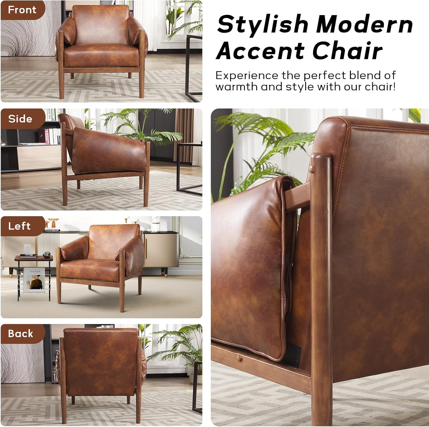 Mid-Century Leather Accent Chair with Arm Pads for Living Room