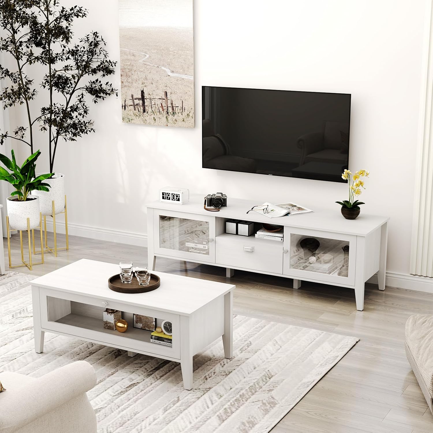Modern Coffee Table with Glass Door Storage for Living Room