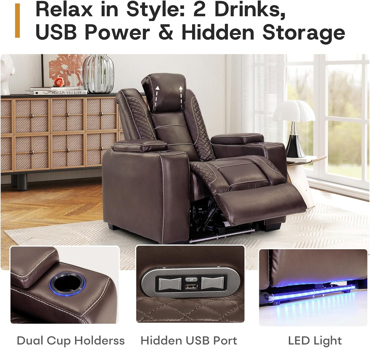 Power Recliner Home Theater Chair with LED for Living Room