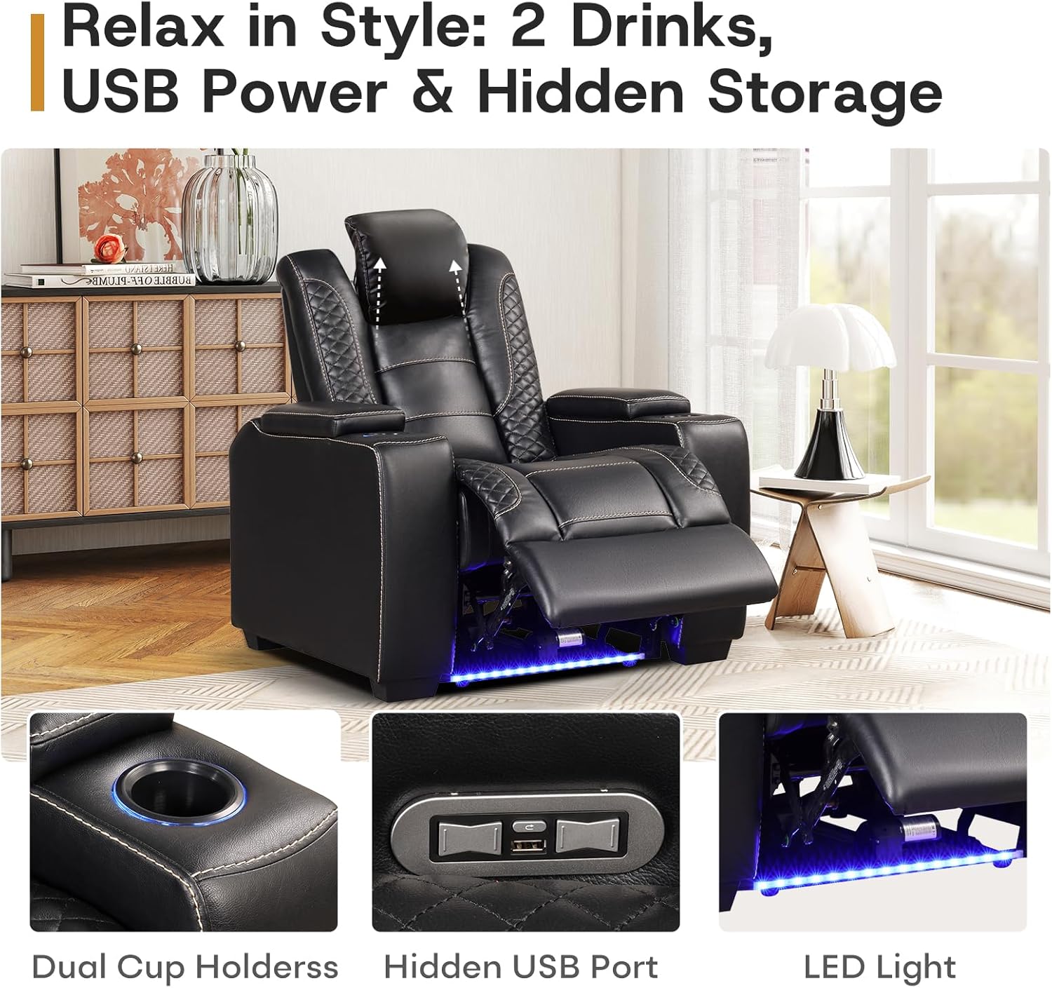 Power Recliner Home Theater Chair with LED for Living Room