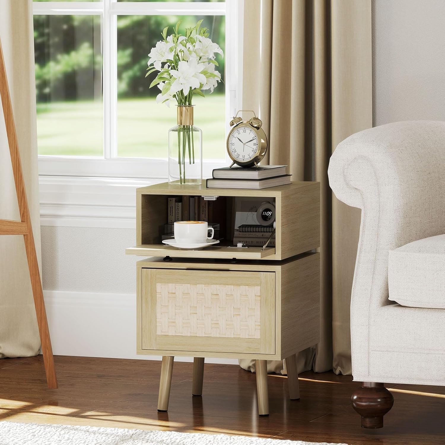 Rotating Nightstand with Storage Cabinet for Bedroom